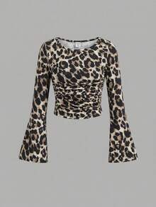 SHEIN Young Girls' Fashionable Fitted Casual Round Neck Ruffle Flare Sleeve Long Sleeve T-Shirt, Suitable For School, Christmas, Halloween, Daily Wear, New Year Party, Autumn/Winter, Matching Sister Outfit - Multicolor - View 5