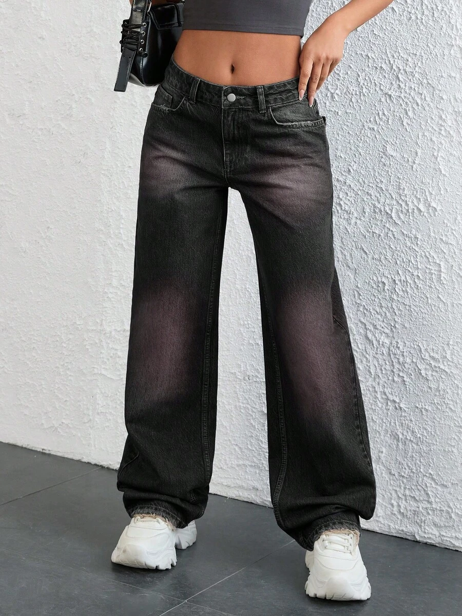 EURMUSE 低腰复古水洗直筒牛仔裤 - 黑色 - 查看 1