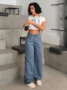 EURMUSE HIGH WAIST CASUAL STYLE DENIM STRAIGHT - Baby Blue - View 5