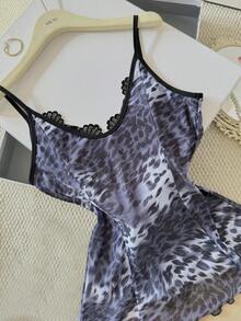 INAWLY Vestido de tirantes con escote en V, volantes y parches con estampado de leopardo - Negro - Ver 5