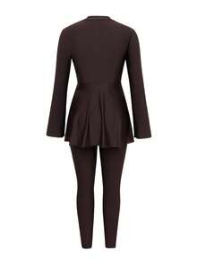 Swim Mulvari Women's Dark Coffee Wide-Sleeve Metal Buckle Belt Modest Swimwear 2pcs Set With Solid Slim-Fit Swim Pants, Summer Vacation Arabic Modest Beach Swimwear - Coffee Brown - View 7