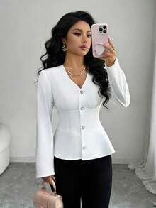 Elenzga Women's V-Neck Long Sleeve Blouse, Slimming Silhouette, Casual Office Wear, White, Suitable For Autumn, Winter, Spring - White - View 6