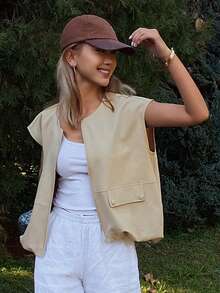 Livesso 女士宽松休闲时尚大口袋装饰街头户外无袖外套，春夏款 - 卡其色 - 查看 5