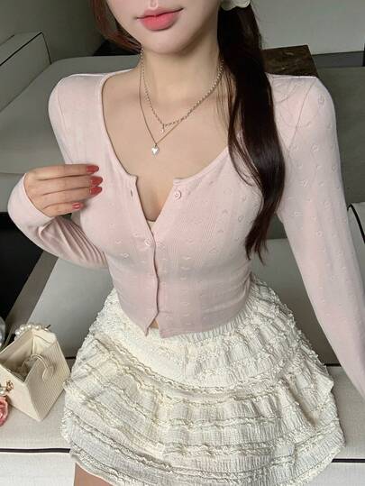 DAZY Spring/Summer Solid Color Heart Pattern Pink Cardigan, Elegant Slim Fit Long Sleeve T-Shirt For Casual, Wedding, Commute