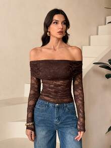 SHEIN Tall 性感透视蕾丝拼接露肩长袖T恤，浪漫情人节约会必备；女士性感褶皱透视常规袖露肩修身咖啡棕色纯色女式上衣；春秋季休闲日常穿着 - 咖啡棕 - 查看 10