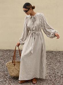 Livesso 高领收腰条纹中长连衣裙，女士吊带裙 - 卡其色 - 查看 7