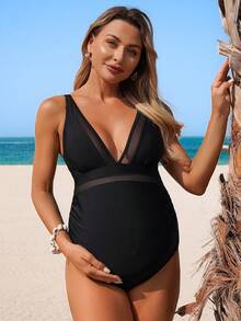 SHEIN Maternity Solid Color Mesh Patchwork Deep V-Neck One-Piece Swimsuit - Black - View 3