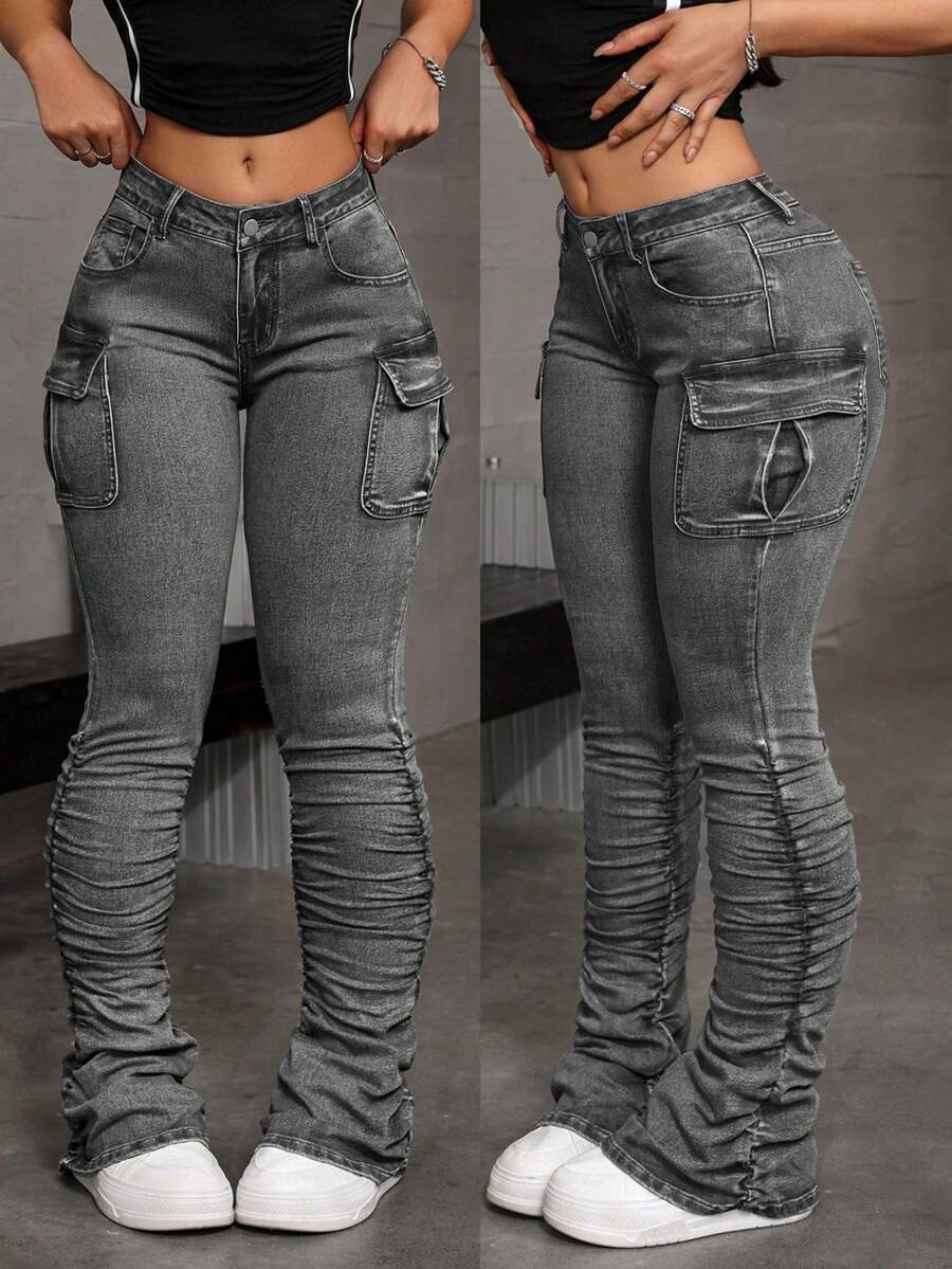 Jeanoix Quần jeans cargo cạp thấp dáng ôm, nhún bèo, cỡ lớn, kiểu dáng thường ngày, đã qua xử lý giặt, có lớp lót. - Xám - Xem 1