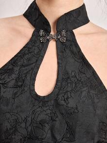 ROMWE Avant Spring/Summervalentine's DaygraphicChinese Style Water Drop Collar Dragon Embroidery Slit Sexy Dress - Black - View 3