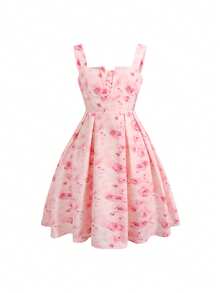 SHEIN Tween Girl Casual Vacation Elegant Fitted Waist Flared Floral Print Dress, Pink Pink Floral Dress Pink Flowerance Dress For Teens Girl Tea Party Dress Garden Party Dress - Pink - View 3