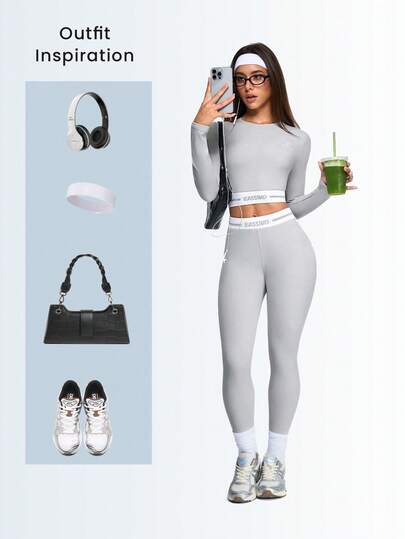 Eassivo Eassivo 两件套：罗纹圆领短款长袖上衣和修身弹力休闲裤运动套装