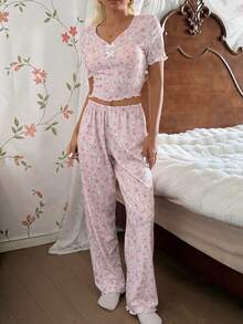 CottageSlumber Bộ đồ ngủ tay ngắn in họa tiết hoa và thỏ lãng mạn, trang trí cúc áo, dành cho nữ. - Màu Hồng baby - Xem 5