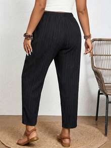 SHEIN Frenchy 大码纯色休闲裤，松紧腰带，斜插口袋 - 黑色 - 查看 2