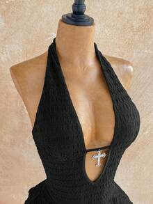 Soleia 性感V领交叉装饰镂空露背吊带纹理面料多层不规则下摆迷你连衣裙，适合派对、圣诞节、约会、夜店、海滩、邮轮、下午茶、波西米亚风、度假、秋季女装、复古风 - 黑色 - 查看 5