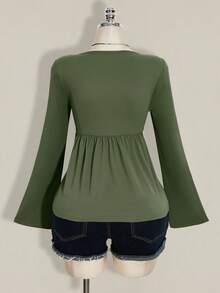 SHEIN ICON 大码女式黑色胸前扭结针织上衣，娃娃衫针织上衣，Y2K风格服装，毕业季返校季秋季服装，可爱女式上衣，娃娃衫 - 軍綠色 - 查看 2