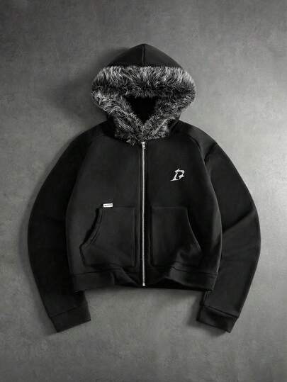 AXEPEAK Amerikansk stil svart pälskragetröja, nischdesignad slim fit kort tröja för män