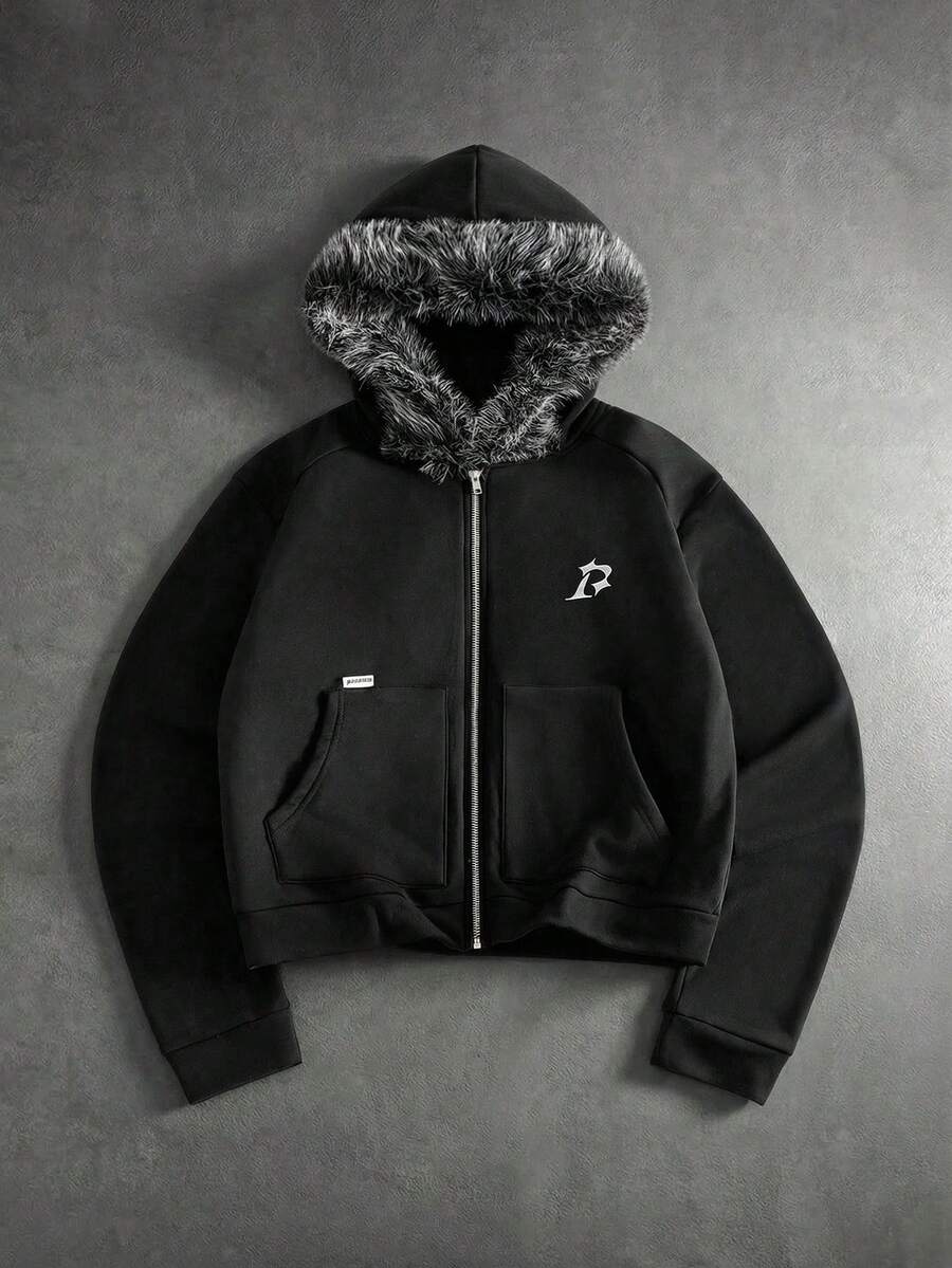 AXEPEAK 美式黑色毛领卫衣，小众设计修身短款男士卫衣 - 黑色 - 查看 1