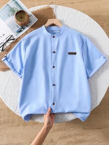 青少年男童休闲立领梭织衬衫，适合夏季及学校场合：日常上课、社团活动、户外轻运动，简约版型，易于搭配 - 藍色 - 查看 3