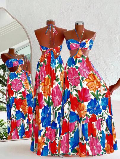 Sweetra 大码度假风无肩带A字印花连衣裙