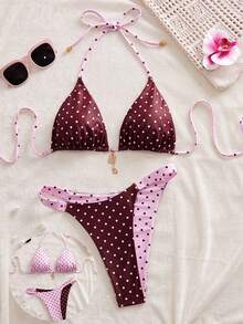 Swim Mod Bộ bikini nữ mùa hè mới, thời trang đi nghỉ mát bên bờ biển, ngọt ngào, dễ thương, họa tiết chấm bi tương phản, hai mặt, kiểu buộc dây cổ sau lưng, gợi cảm. - Nhiều màu - Xem 5
