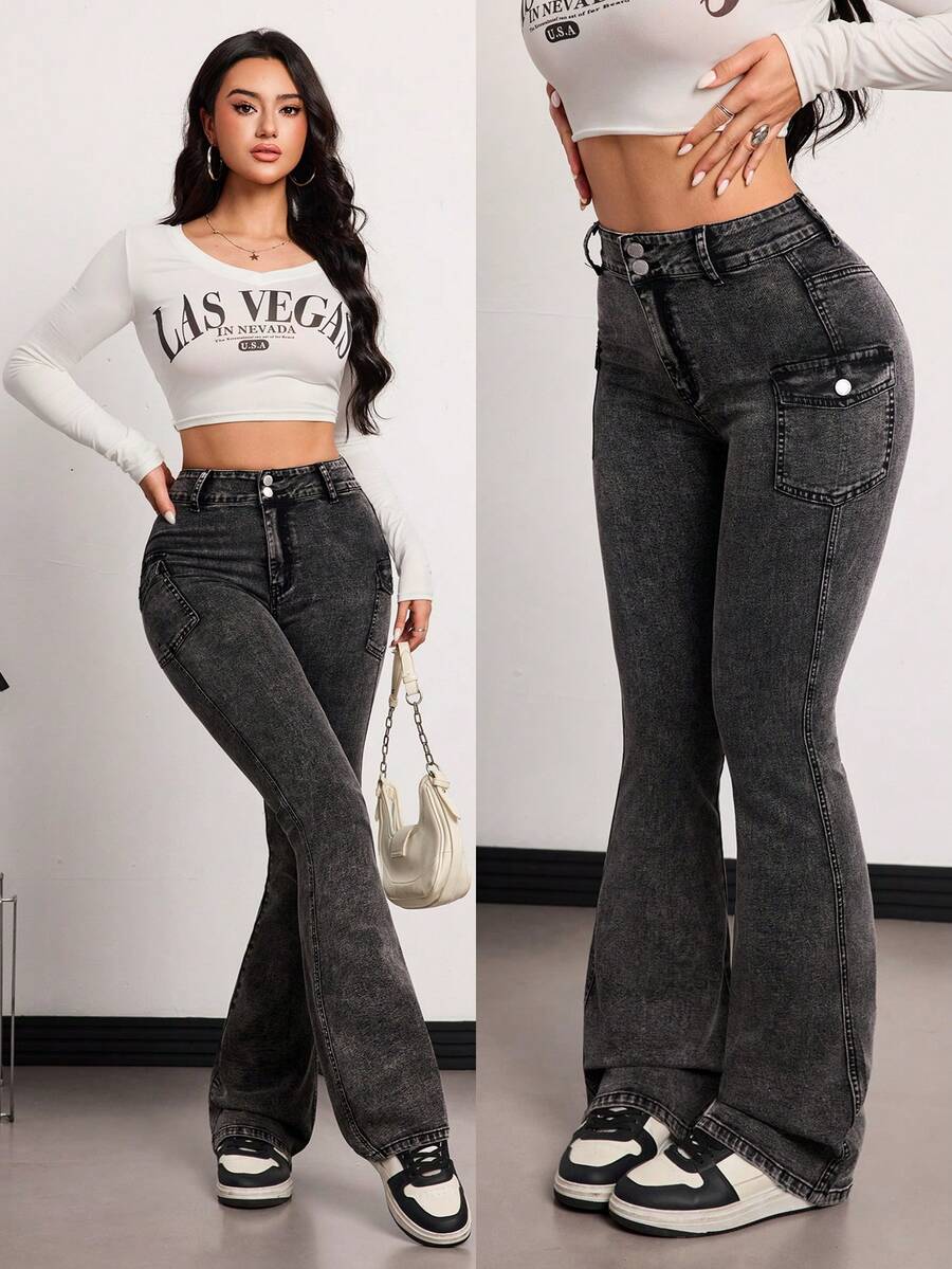 SHEIN Tall Quần jeans ống loe cạp cao có túi, kiểu dáng thường ngày, đa năng dành cho nữ, mùa xuân/hè. - màu đen - Xem 1