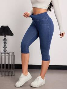 SHEIN Tall 春夏女士休闲水洗修身七分牛仔裤 - 深色水洗藍 - 查看 2