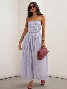 COSMINA Váy suông xếp ly kẻ sọc mùa hè cho nữ - Nhiều màu - Xem 6