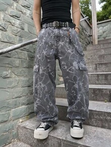 Manfinity EMRG Quần jeans nam dáng casual đường phố, bản rộng, chất liệu jacquard, có nơ và túi nắp gập, không kèm thắt lưng. - Xám - Xem 6