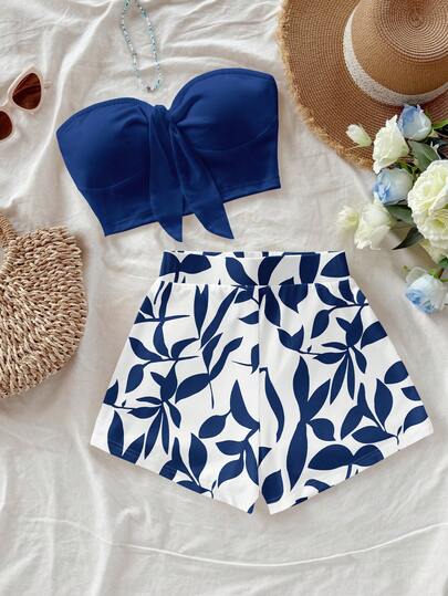 Soleia Conjunto de 2 piezas de pantalones cortos y top corto a juego con estampado de hojas azules, en estilo casual de vacaciones, adecuado para vacaciones de primavera/verano