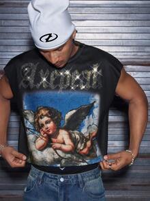 AXEPEAK Men's Casual Fashionable Street Rhinestone Angel Print Loose Tank Top - Black - View 4