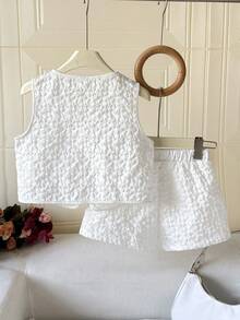 SHEIN 少女休闲白色提花蝴蝶结吊带背心和短裤两件套