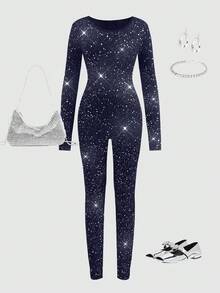 Tween flickor casual sport långärmad jumpsuit - Marinblå - Visa 3
