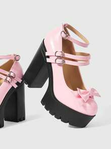 ROMWE Kawaii Giày cao gót đế dày kiểu Gothic dành cho nữ, giày Mary Jane cao gót hai tông màu phong cách Punk mùa xuân/thu, khóa kim loại hai dây đính đinh tán, thích hợp cho tiệc tùng hoặc đi học. - Hồng - Xem 8