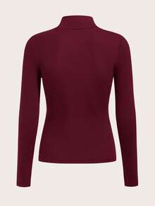 SHEIN BASICS Women's Casual Minimalist Turtleneck Long Sleeve Fleece T-Shirt, Burgundy