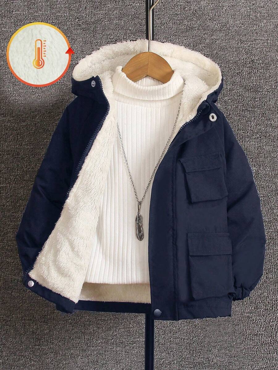 SHEIN 小男孩黑色连帽外套，适合秋季、春季和冬季 4-7 岁男孩的温暖舒适服装。这款夹克适合户外、学校和家居穿着 - 藏蓝色 - 查看 1