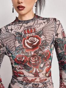 ROMWE Avant 女士 Y2K 千禧复古玫瑰骷髅纹身图腾网纱印花上衣 - 彩色 - 查看 5