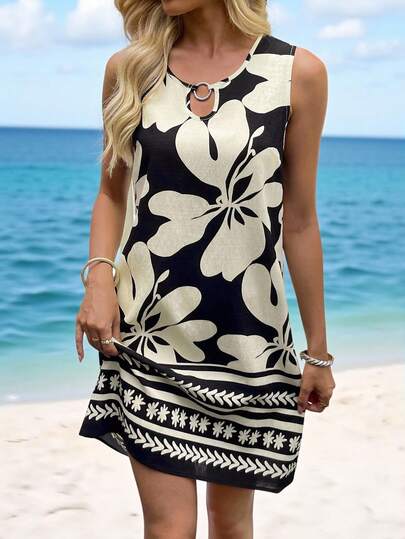 Easowa 1pc Women's Casual Sleeveless Patterned Short Vacation Dress Summer Outfits For Women Summer Dresses For Women Vacation Outfits Woman Vacation Outfits Women Vacation Dress Boho Women's Clothing Dresses For Women Strapless Dress,Shirt Dresses For Women,Bohemian Clothes