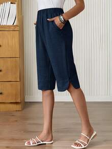 EMERY ROSE Pantalones de lino de estilo campestre casual de media longitud con botones para mujer, de verano - Blue Power - Ver 7