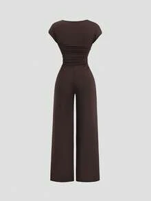 Sweetra Bộ jumpsuit tay ngắn màu nâu thanh lịch, cổ đổ, thắt eo, kiểu dáng công sở dành cho nữ. - Cà phê nâu - Xem 2