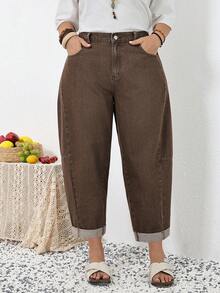 SHEIN CURVE+ 大码休闲水洗高腰锥形牛仔裤，春夏情人节嘉年华服装通勤度假毕业时尚Y2K可爱街头风派对婚礼优雅商务休闲女装大码棕色牛仔裤，松紧腰舒适宽松牛仔裤 - 棕色 - 查看 7