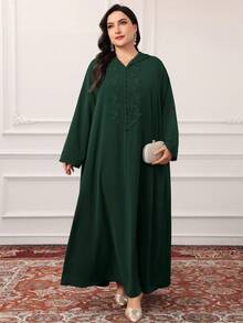 Al Najma Plus Size Women's Solid Color Hooded Applique Casual Loose Daily Wear Arabic Style Long Sleeve Dress - Dark Green - View 5