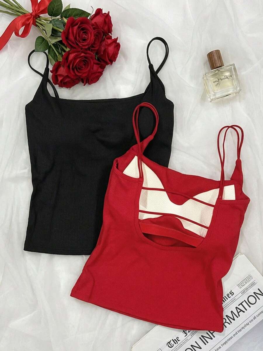 Tseoso 休闲百搭黑色+红色吊带背心，带衬垫胸罩，夏季上衣，罗纹背心，适合全年穿着，居家，运动。 - 黑色 - 查看 1