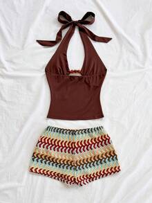 Soleia Bộ đồ đi nghỉ mát 2 món dành cho nữ: Áo croptop buộc dây cổ màu nâu dệt kim và quần short cạp cao kẻ sọc nhiều màu sắc kiểu vintage, trang phục thường ngày cho bãi biển, du thuyền, du lịch đường bộ, lễ hội âm nhạc, tiệc tùng, phong cách Boho, Hippie, phương Tây, có thể mặc trong nhà hoặc ngoài trời, phù hợp cho mọi mùa, đi làm hàng ngày. - Nhiều màu - Xem 2