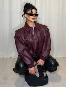 Dayanna Comas 女式纯色长袖拉链领休闲 PU 皮夹克，秋季，女式皮夹克，酒红色皮夹克，超大皮夹克 - 酒紅色 - 查看 6