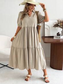 Ceyna Vestido corto de manga corta con cuello en V, estilo casual, a rayas y lunares, vestido de picnic para mujer, ropa de resort, vestido casual de verano a rayas y midi, vestido de verano estilo prairie, vestidos de verano para mujer, vestido con volantes, vestido casual con cuello en V para mujer - Caqui - Ver 7