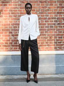 Lumivelle Women's Chiffon Long Sleeve Shirt,White,Autumn,Elegant,Office,Ruffle Collar And Cuffs,Metal Buckle Decoration,Casual Premium Minimalist Blouse - White - View 6