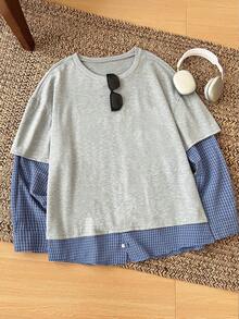 Manfinity Dauomo Camiseta de manga larga casual de hombre con estampado de cuadros 2 en 1 - Gris - Ver 3