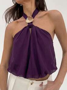 Aloruh 女士新款时尚金属装饰简约纯紫色通勤吊带背心 - 紫色 - 查看 9