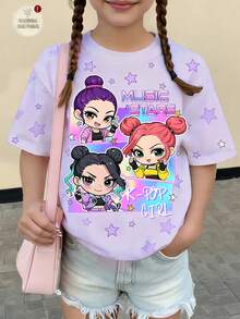 1pc Cute & Cool Kpop Girl Graphic Colorblock Short Sleeve Top, Loose Fit, Suitable For Spring, Summer, Autumn, Winter, Great Gift For Young Girls