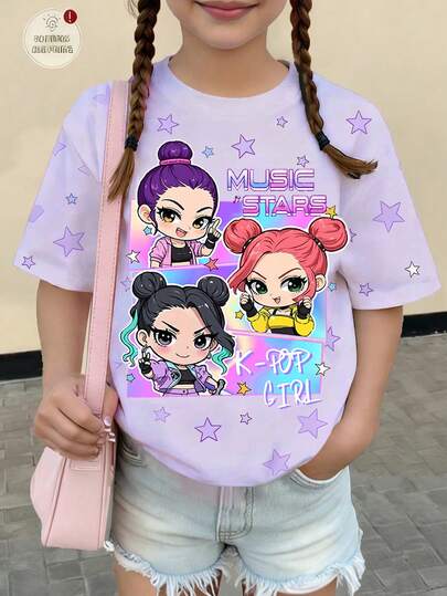 1pc Cute & Cool Kpop Girl Graphic Colorblock Short Sleeve Top, Loose Fit, Suitable For Spring, Summer, Autumn, Winter, Great Gift For Young Girls